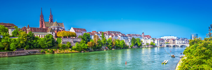 Old city center of Basel with Munster cathedral and the Rhine river, Switzerland - obrazy, fototapety, plakaty