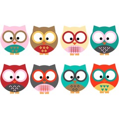 eight colorful owls