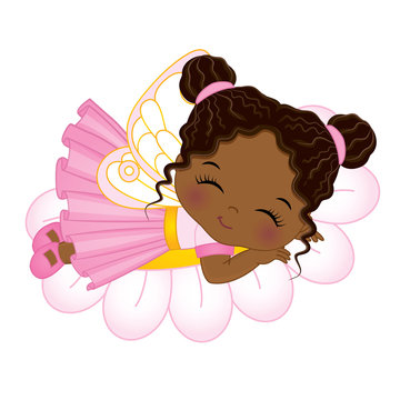 Vector Cute Little African American Fairy Sleeping on Flower