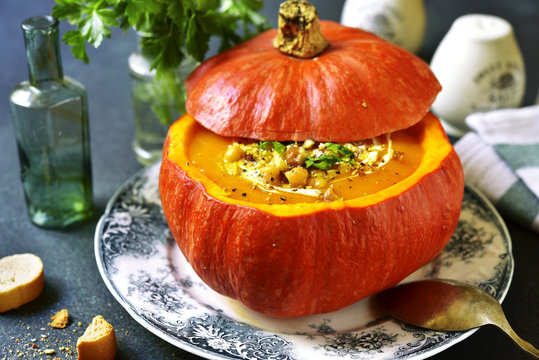 Pumpkin soup with walnuts and chickpea.