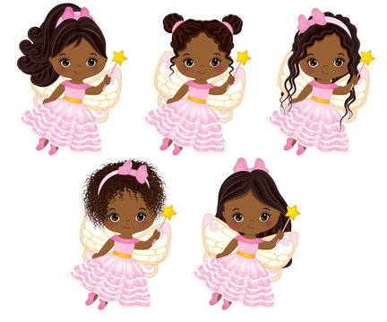 Vector Cute Little African American Fairies with Various Hairstyles