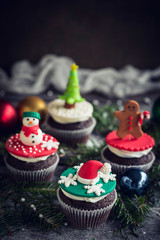 Homemade Christmas decorative cupcakes served on the table,selective focus
