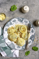 Ravioli with spinach and ricotta.Top view.