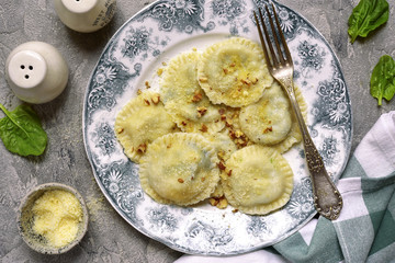 Ravioli with spinach and ricotta.Top view.