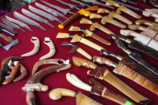 Group of traditional malay weapon such as kris, parang and dagger. Traditionally hand made.  
