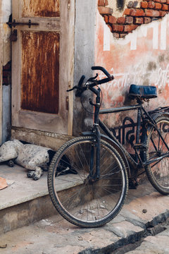 Close up of an old bike next a sleeping dog in a doorway