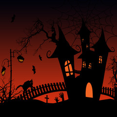 Halloween background with haunted house and bats