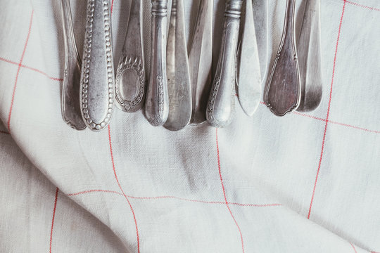 Close up of old silver cutlery