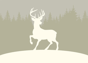 Weihnachtskarte mit Rentier vor Winterlandschaft
