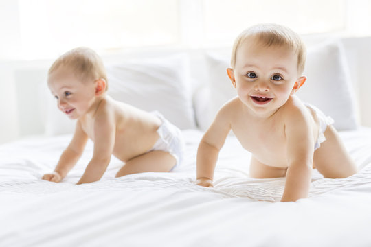 Twin baby boy child play fun in bed