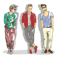 Set vector illustrations of a fashionable casual style dressed guys
