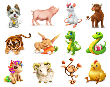 Dog, Pig, Rat, Ox, Tiger, Rabbit, Dragon, Snake, Horse, Goat, Monkey, Rooster. Funny animal in the Chinese zodiac, Chinese calendar. 3d vector icon set