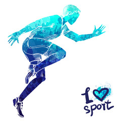 Bright watercolor silhouette of a running man. Vector sport illustration. Graphic figure of the athlete. Active people. Recreation lifestyle. I love sport.