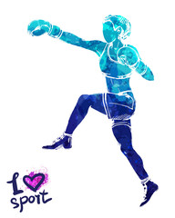 Bright watercolor silhouette of a boxing women. Vector sport illustration. Graphic figure of the athlete. Active people. Recreation lifestyle. I love sport.
