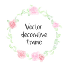 Watercolor style romantic soft vector floral frame isolated on white background