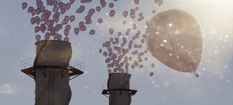 climate change, pink balloons coming out of the factory chimneys