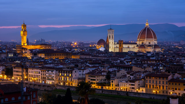 Palazzo Vecchio and Cathedral of Santa Maria del Fiore (Duomo) from Piazzale Michelangelo at night, Florence, Italy