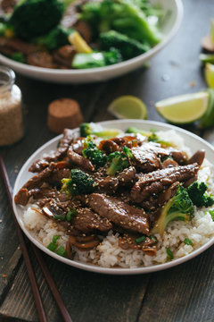Asian beef with broccoli and mushrooms