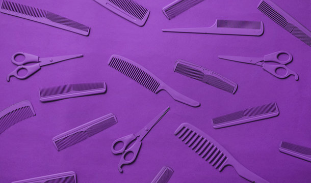 Various hairdresser tools in purple color on purple background.