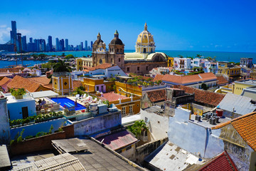 Old Town Of Cartagena in Colombia Over Rooftops - UNESCO World Heritage Site - obrazy, fototapety, plakaty