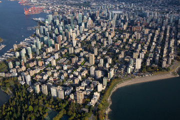 Downtown Vancouver City viewed from an aerial perspective. Picture taken in British Columbia, Canada, during a sunny day.