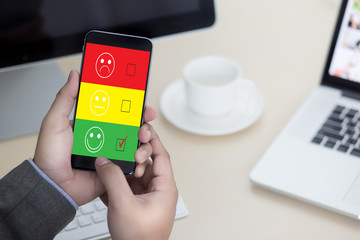 business man and woman select happy on satisfaction evaluation? And good mood smiley and evaluate