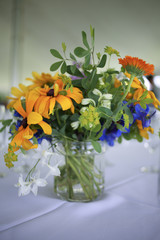 Wildflower Wedding Centerpieces with Black Eyed Susans, Snapdragons, and Delphinium on a Reception Table with White Tablecloth