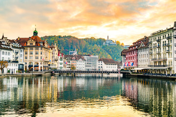 View of the historic city of Lucerne in the evening