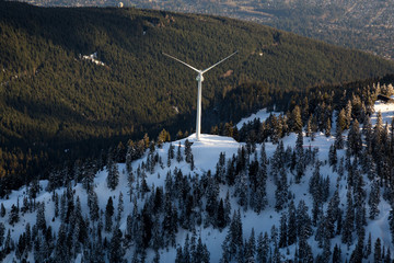 Wind Turbine on Grouse Mountain viewed from an aerial perspective. Picture taken on the North Shore of Vancouver, BC, Canada.