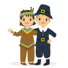 Thanksgiving cute and happy Pilgrim boy and Native American boy embracing, character cartoon vector.