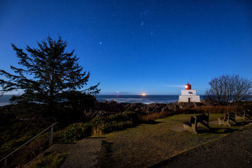 Beautiful view on the Pacific Ocean during a clear night full of stars. Picture taken in Ucluelet, Vancouver Island, British Columbia, Canada.