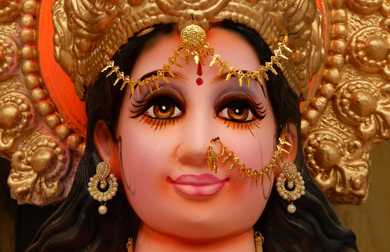 Closeup of Idol of Indain Hindu Goddess Durga during Dussera or vijaya dasami festival