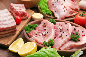 Plate with fresh raw meat on table