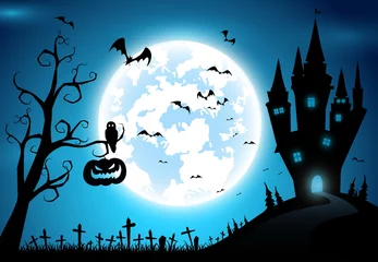 Fototapeten illustration background,festival halloween,full moon on dark night with many ghost and devil walking to castle for celebration halloween day © toodtuphoto