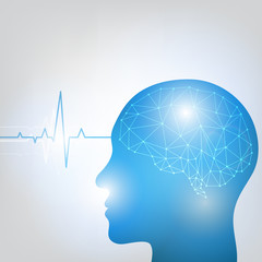 Human head and brain. Different kind of waveforms produced by brain activity shown on background. Vector illustration