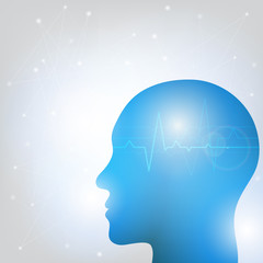 Human head and brain. Different kind of waveforms produced by brain activity shown on background. Vector illustration