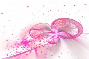 Abstract exotic flower with glowing drops on white background. Fantastic fractal design in pink and beige colors. Psychedelic digital art. 3D rendering.