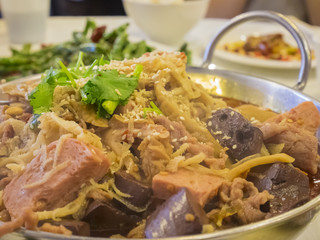 Delicious hot pot with pork meat, viscus, duck blood