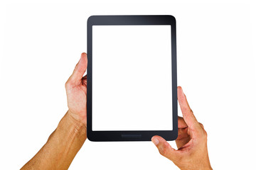 Man's hands holding blank white screen tablet computer on white background