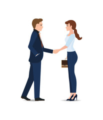 Business man and business woman handshake making a deal.