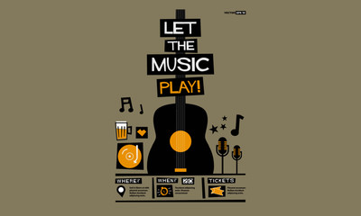 Let The Music Play! (Flat Style Vector Illustration Quote Poster Design) Event Invitation with Venue, Artist, Ticket and Time Details