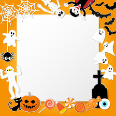 Happy halloween characters in cartoon style with pumpkin, dracula, skeleton, mummy, zombie, black cat, bat, ghost and elements on orange copy space background, Vector illustration.