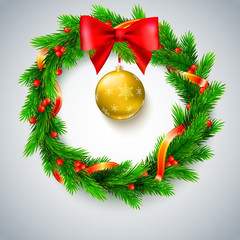 Traditional Christmas wreath made of green fir branches with red berries of viburnum, Golden ribbon, red bow and Christmas ball on a white background. 3D illustration