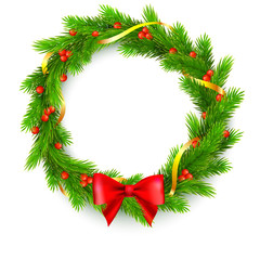 Fototapeta na wymiar Traditional Christmas wreath made of green fir branches with red berries of viburnum, Golden ribbon and red bow on a white background. 3D illustration