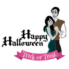 halloween gothic party with vampire couple, fun background for horror invitation on vamp cosplay, dracula teeth and fangs on vector flyer, white man and woman nightlife poster or banner illustration