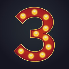 Letter number three alphabet sign marquee light bulb vintage carnival or circus style ,Vector illustration