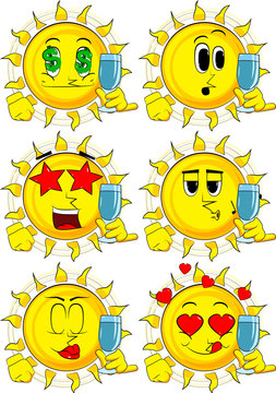 Cartoon sun with with a glass of water. Collection with various facial expressions. Vector set.