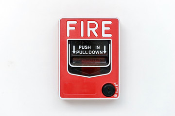 Fire alarm switch box on white wall for warning