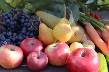 Autumn arrangement of a bunch of fruits and vegetables. Close-up