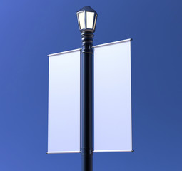 Blank white Lamp Post Banner poster 3d render for mock up and template design 3d render illustration.